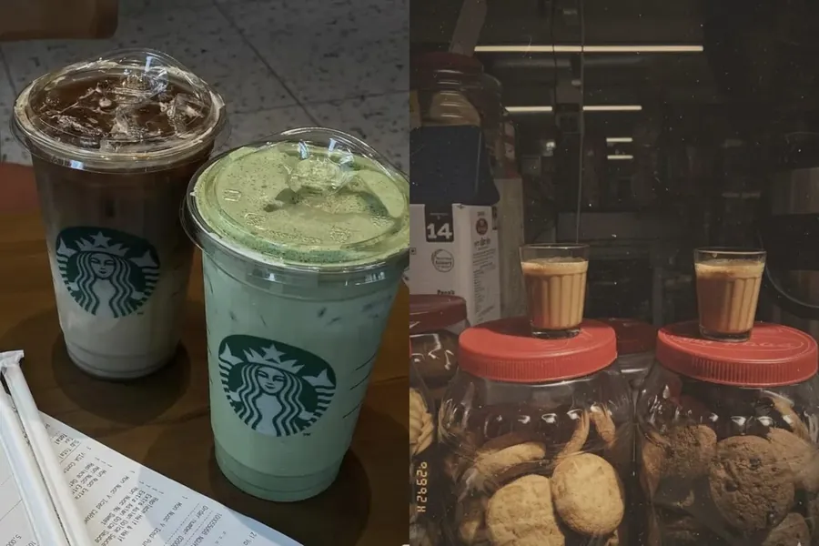 Two iced coffees with Starbucks cups on a table, beside a warm-toned photo of two glasses of chai on jars of biscuits